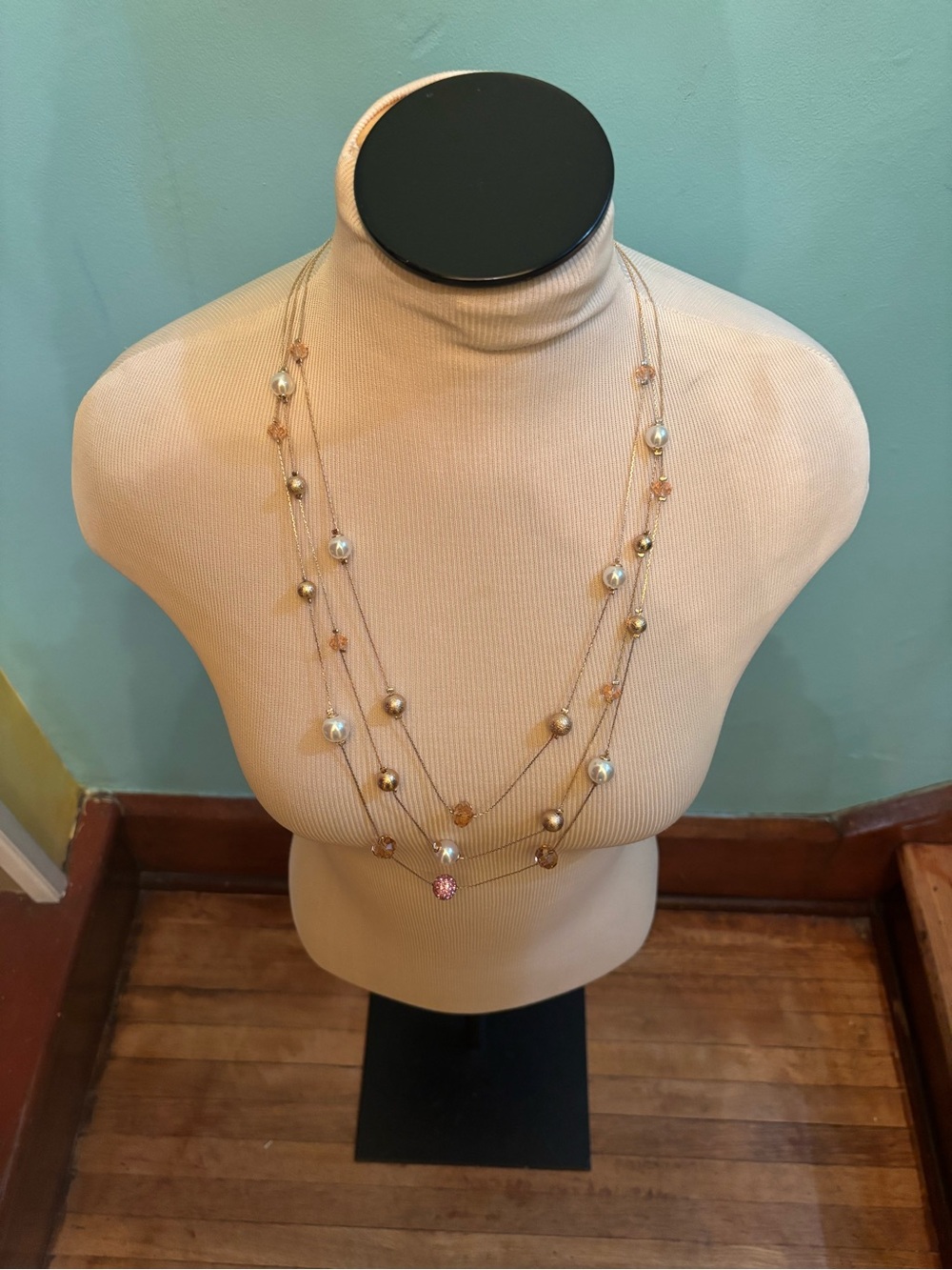Multi-Strand Gold-Tone Necklace with Pearls and Pink Accents